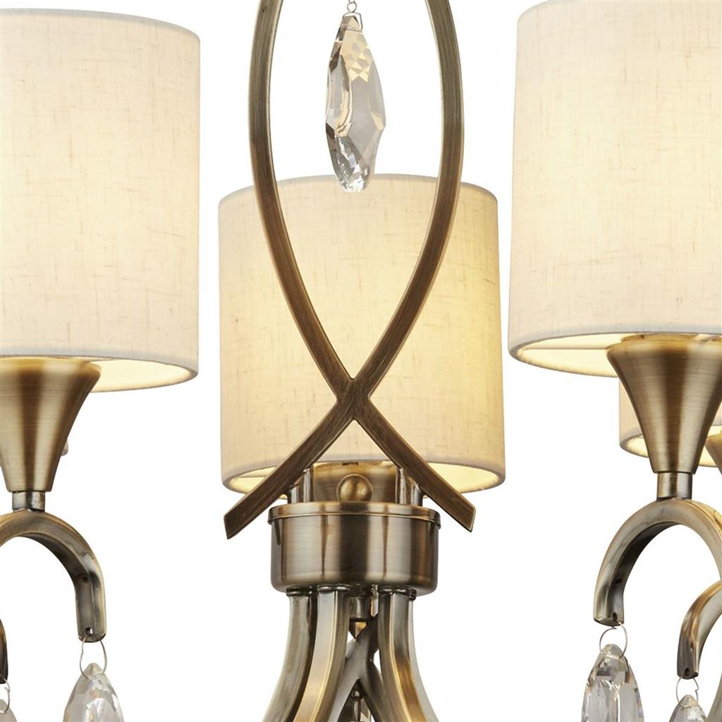 Alberto Ø52 Antiek messing hanglamp Van Searchlight - Het klassieke metalen frame is gecombineerd met vijf textielen kappen in een natuurlijke beige tint, die zorgen voor een zachte en aangename verlichting.