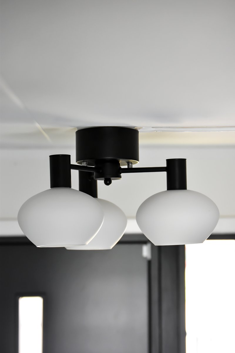 Bell Ø42 Zwart plafondlamp Van Aneta Lighting - Plafond in zwart gelakt metaal met 3 opaalwitte glazen op&aring; vaste armen.