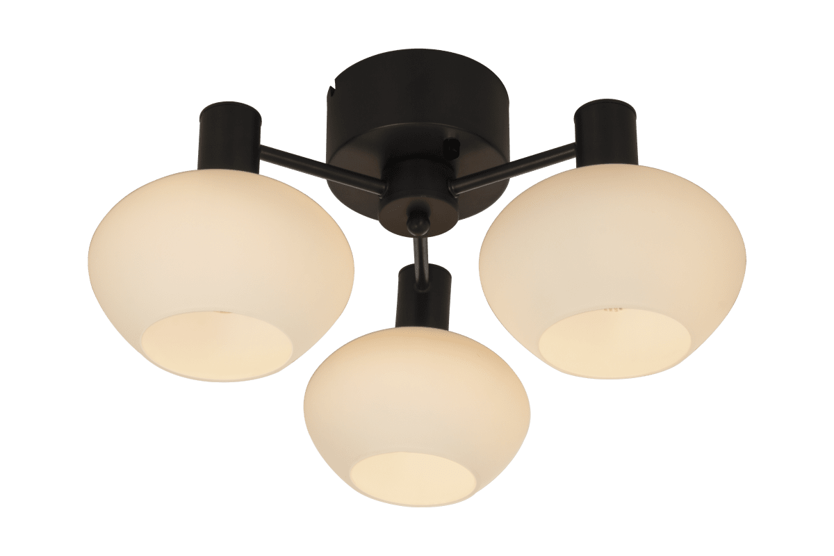 Bell Ø42 Zwart plafondlamp Van Aneta Lighting - Plafond in zwart gelakt metaal met 3 opaalwitte glazen op&aring; vaste armen.