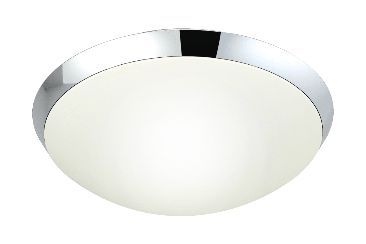 Siracusa Ø25 Chroom badkamerlamp Van Aneta Lighting - Witte glazen koepel en verchroomde metalen rand rond de kap.