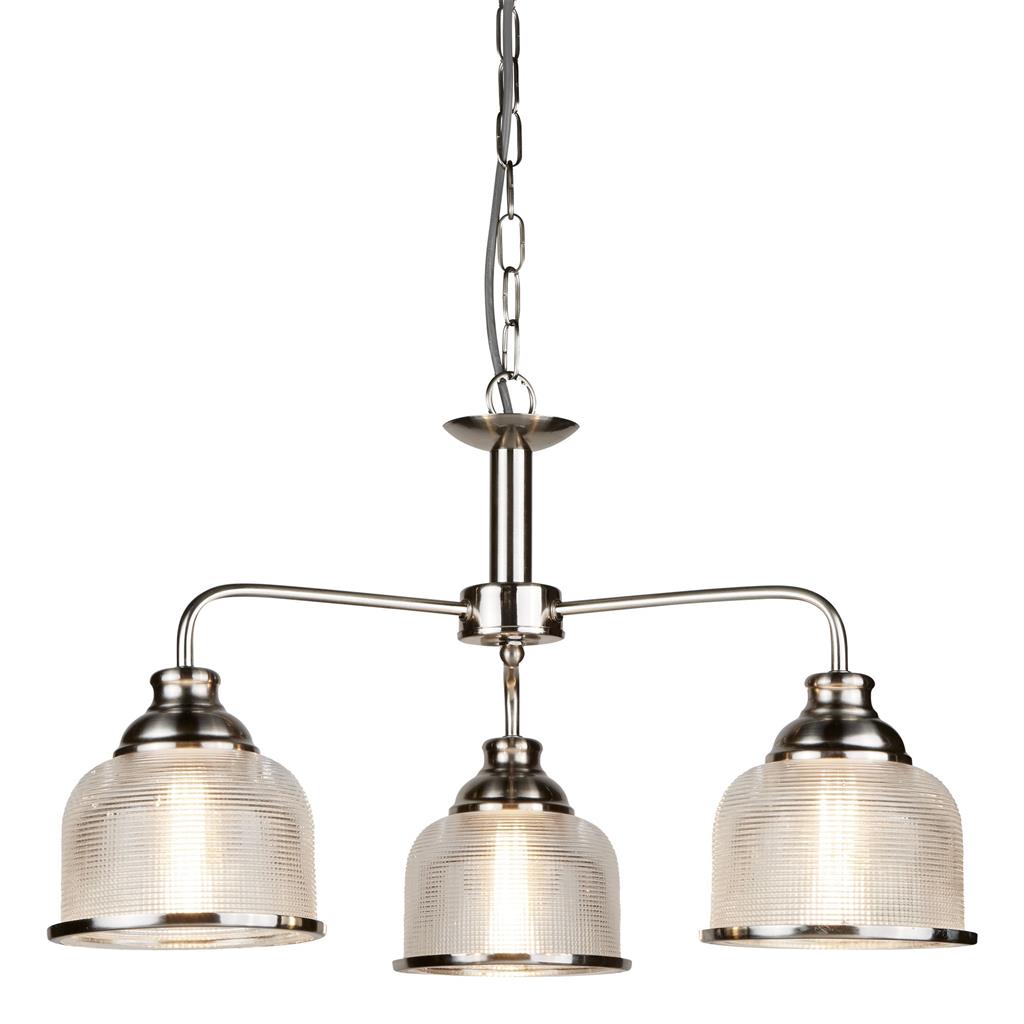 Bistro Ø56 Zilver hanglamp Van Searchlight - De drie kappen van mat, geribbeld glas in holofaanstijl zorgen voor een gelijkmatige en aangename lichtverspreiding en creëren tegelijkertijd een levendig lichtspel.