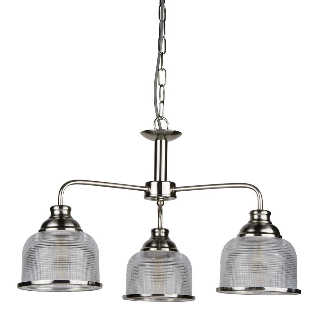 Bistro Ø56 Zilver hanglamp Van Searchlight - De drie kappen van mat, geribbeld glas in holofaanstijl zorgen voor een gelijkmatige en aangename lichtverspreiding en creëren tegelijkertijd een levendig lichtspel.