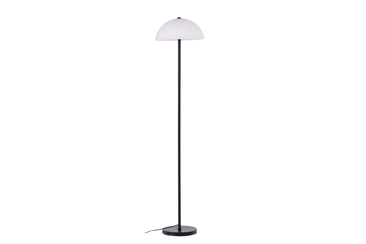 Ferrand Zwart vloerlamp Van Venture Design - De lamp heeft een Scandinavisch design met een stijlvolle voet van zwart ijzer en een witte lampenkap van glas.