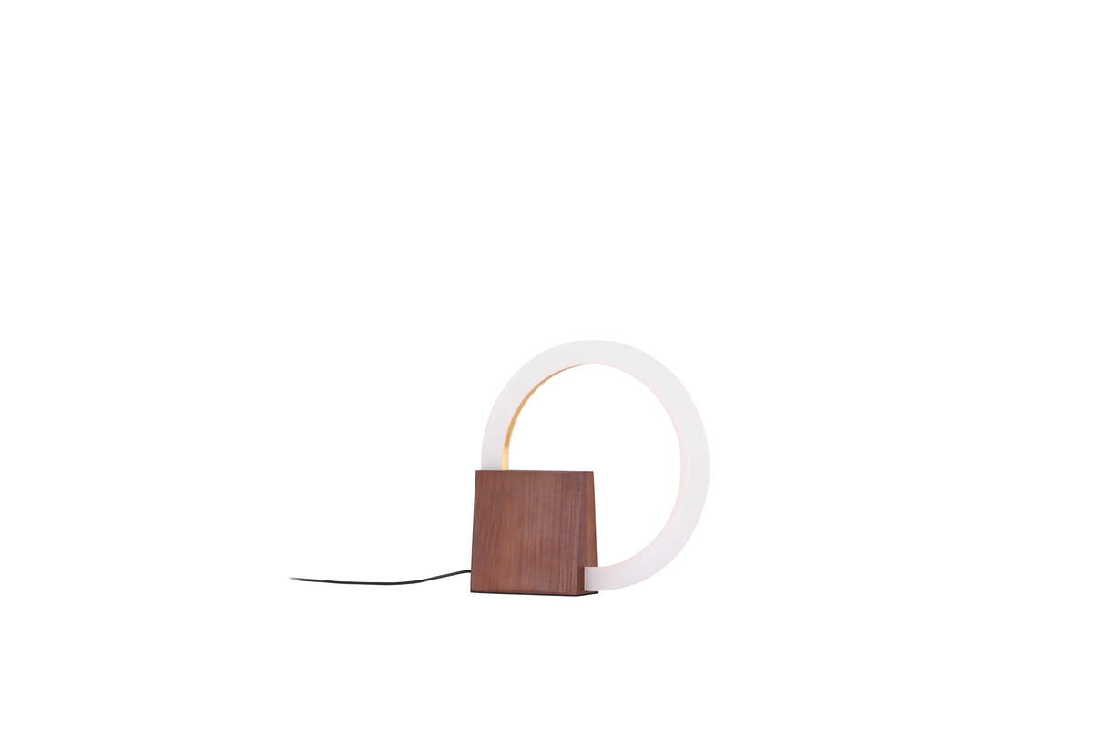Brive 30cm Okkernoot tafellamp Van Venture Design - De Brive tafellamp heeft een voet van trendy walnootkleurig hout en een wit rond frame van acryl.