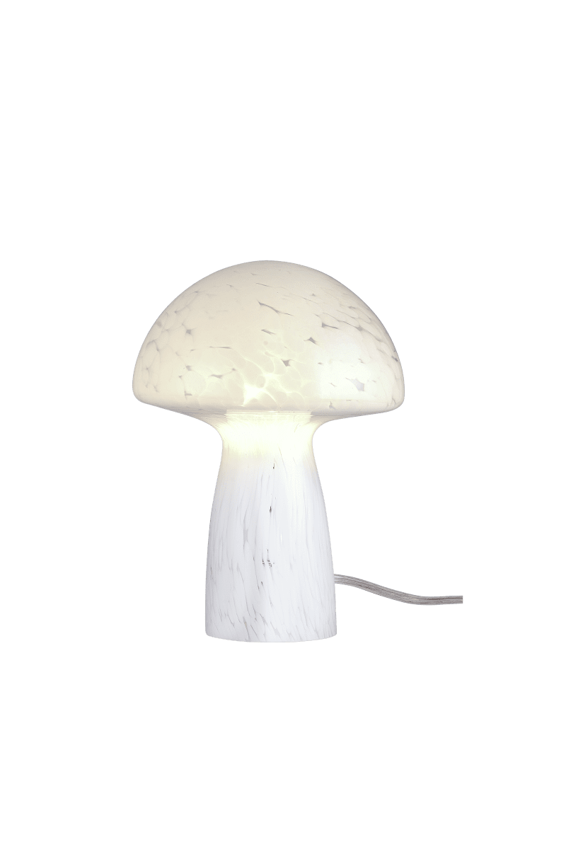 Mushi 20cm Wit tafellamp Van Aneta Lighting - Mushi is een trendy glazen paddenstoellamp met een uniek patroon van witte stippen, waardoor elke lamp een uniek design heeft.
