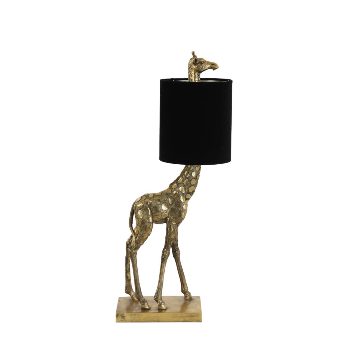 Giraffe 60cm Goud tafellamp Van Light & Living - De antieke gouden afwerking op de giraffenvoet zorgt voor een charmante toets, terwijl de zwarte fluwelen lampenkap een zacht en aangenaam licht cre&euml;ert.