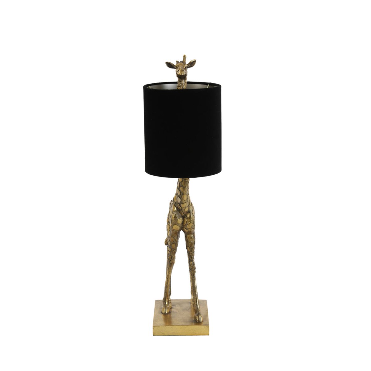 Giraffe 60cm Goud tafellamp Van Light & Living - De antieke gouden afwerking op de giraffenvoet zorgt voor een charmante toets, terwijl de zwarte fluwelen lampenkap een zacht en aangenaam licht cre&euml;ert.