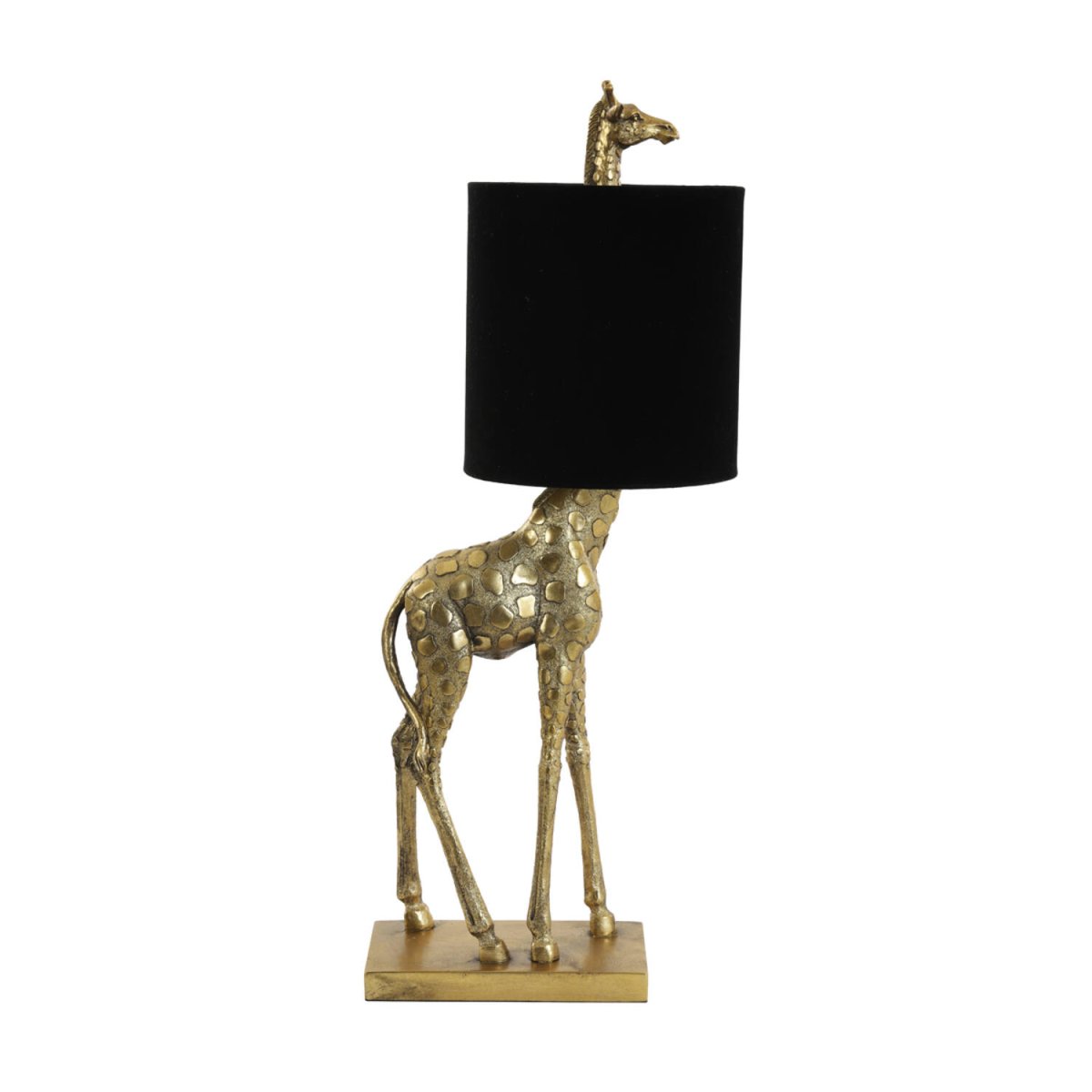 Giraffe 68cm Goud tafellamp Van Light & Living - De antieke gouden afwerking op de giraffenvoet zorgt voor een charmante toets, terwijl de zwarte fluwelen lampenkap een zacht en aangenaam licht creëert.