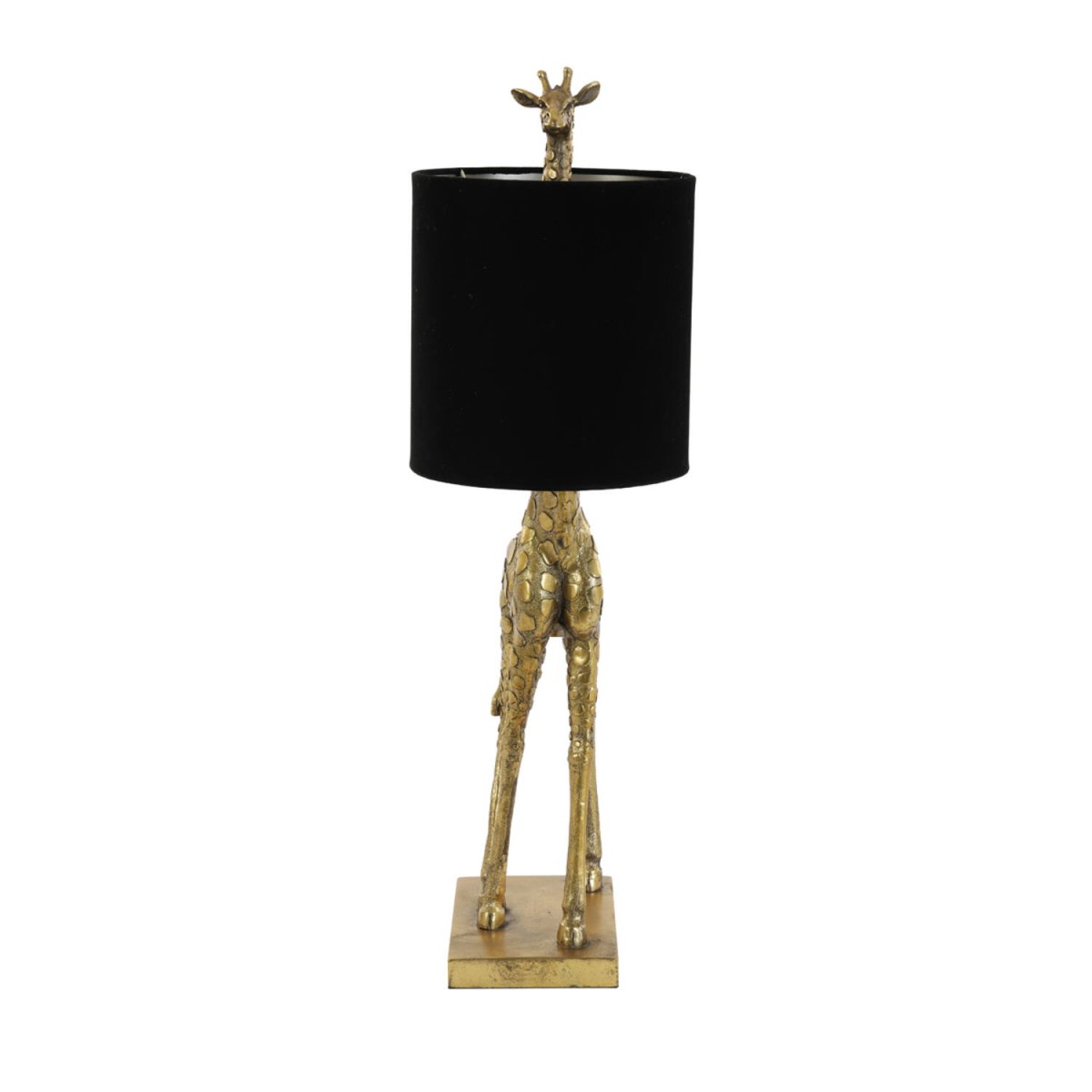 Giraffe 68cm Goud tafellamp Van Light & Living - De antieke gouden afwerking op de giraffenvoet zorgt voor een charmante toets, terwijl de zwarte fluwelen lampenkap een zacht en aangenaam licht creëert.