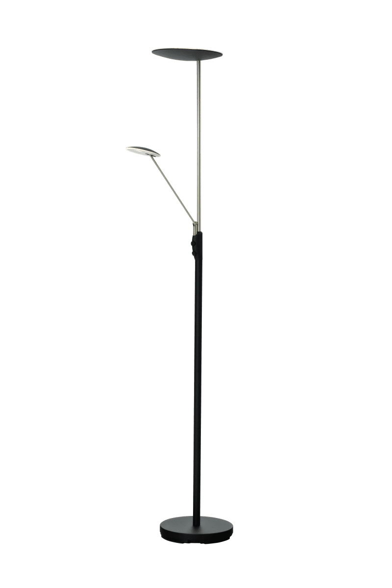 Cadiz Zwart/staal vloerlamp Van Aneta Lighting - Eén dimmer regelt het licht aan de bovenkant en één dimmer regelt de lichtsterkte op de leesarm, die ook verstelbaar is.