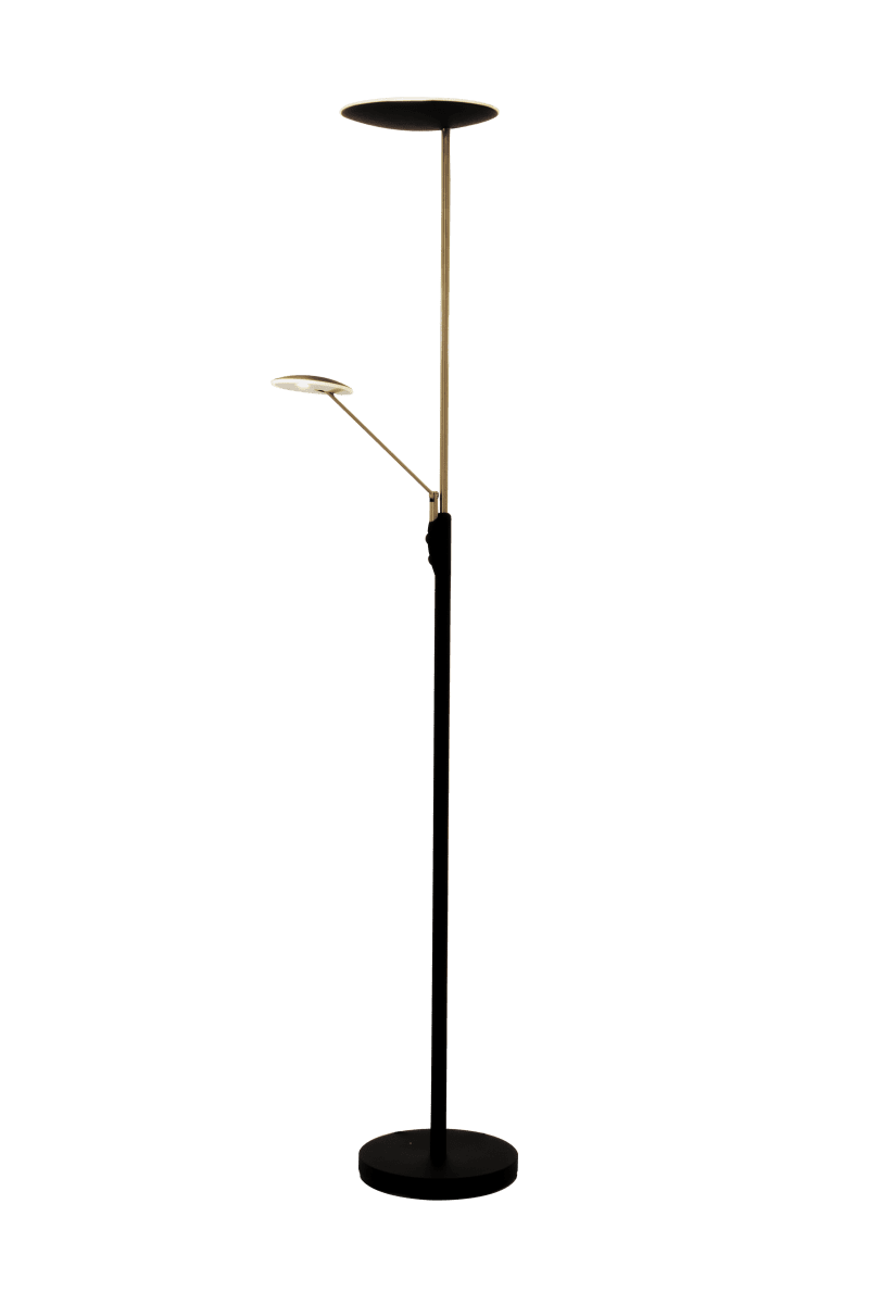 Cadiz Zwart/messing vloerlamp Van Aneta Lighting - Eén dimmer regelt het licht aan de bovenkant en één dimmer regelt de lichtsterkte op de leesarm, die ook verstelbaar is.