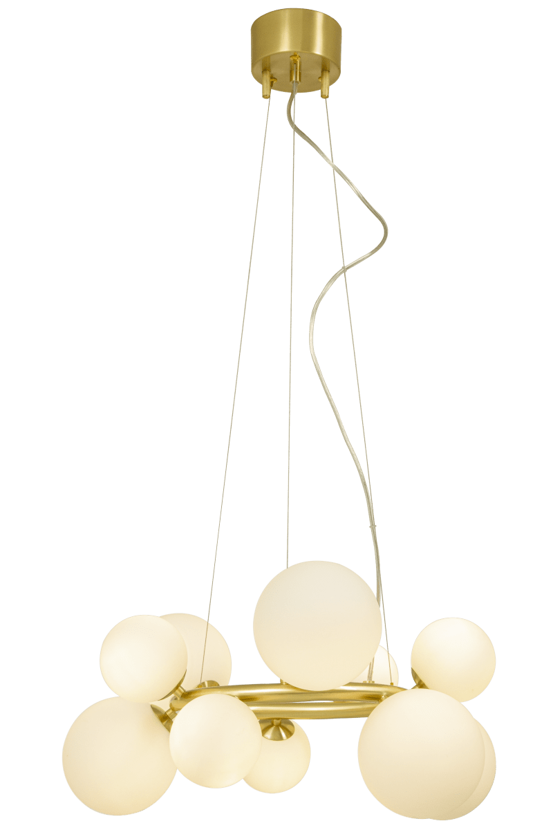 Molekyl Ø50 Mat messing hanglamp Van Aneta Lighting - Met zijn bolvormige glazen koepels, die als moleculen rond een gouden frame zweven, verspreidt het een zacht en aangenaam licht in de kamer.