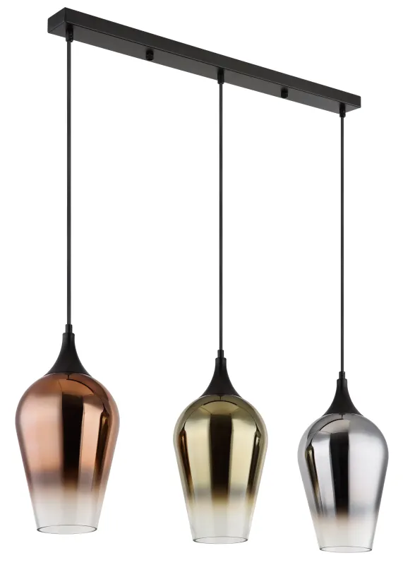 Lavus 83cm Zwart hanglamp Van Globo Lighting - Lavus &auml;r en elegant taklampa med tre dekorativa glaskupor i koppar-, guld- och kromfinish, vilket ger lampan en modern och stilfull karakt&auml;r.