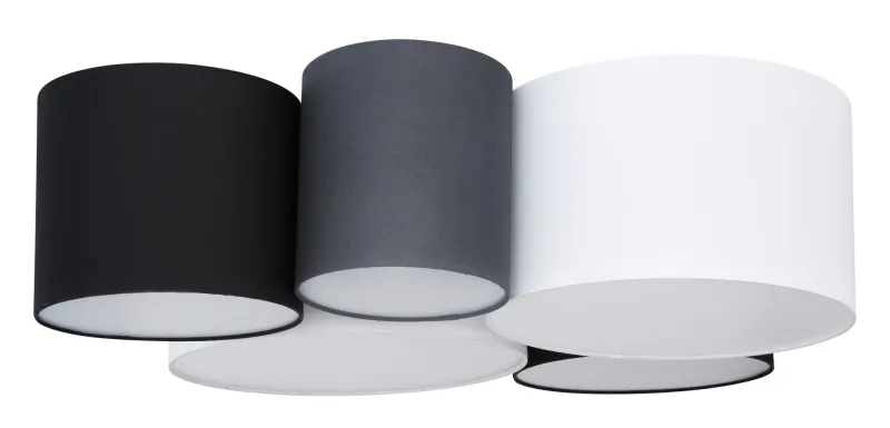 Makki 90cm Veelkleurig plafondlamp Van Globo Lighting - Lampan har en unik design med fem cylindriska textilsk&auml;rmar i olika storlekar, varav tv&aring; &auml;r vita, tv&aring; svarta och en gr&aring;.