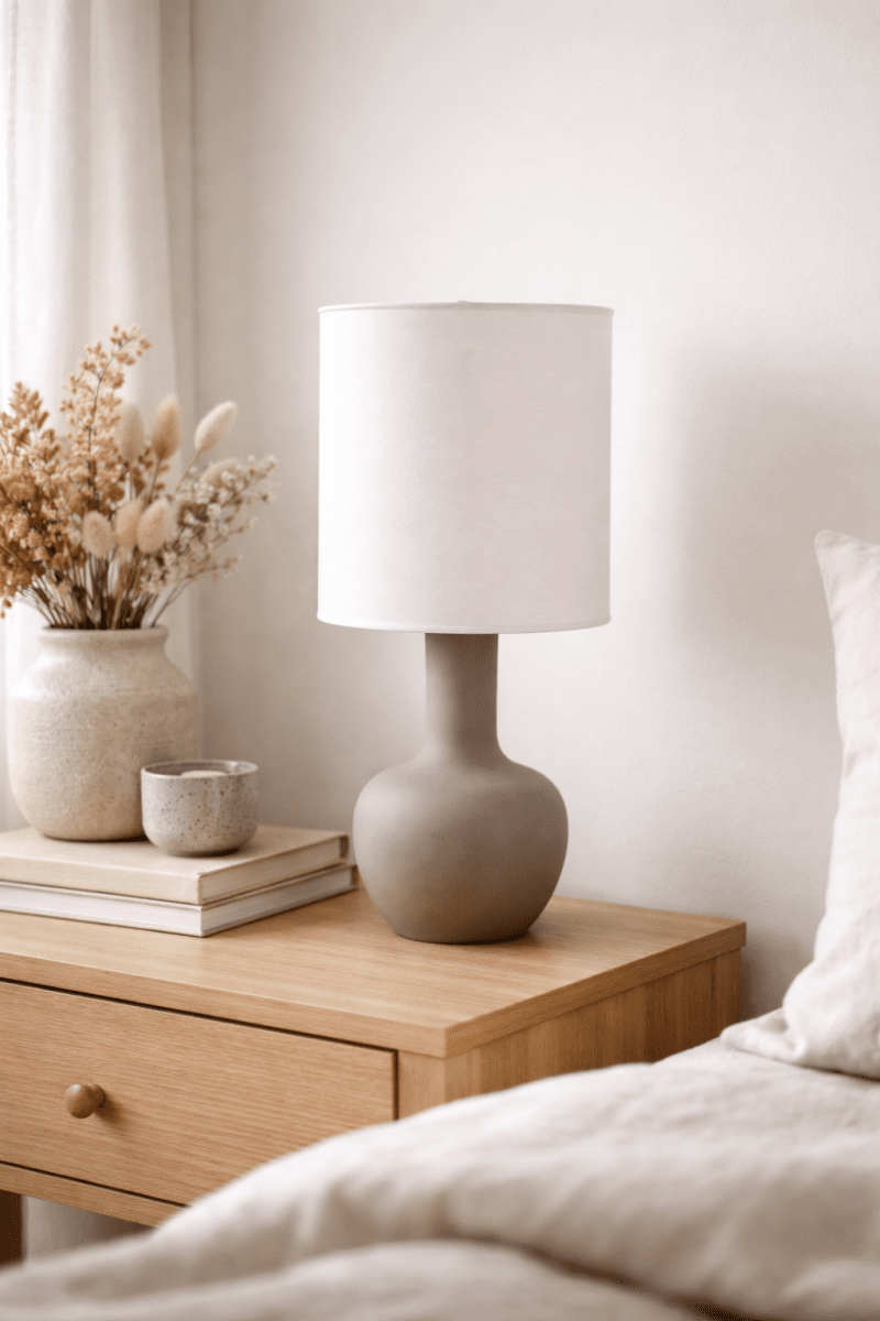 Lill Boda 52cm Zand tafellamp Van Nordic Lighting - De combinatie van de strakke lijnen en de natuurlijke materialen maakt de lamp tot een opvallend pronkstuk dat zowel op een bijzettafel als op een bureau prachtig staat.