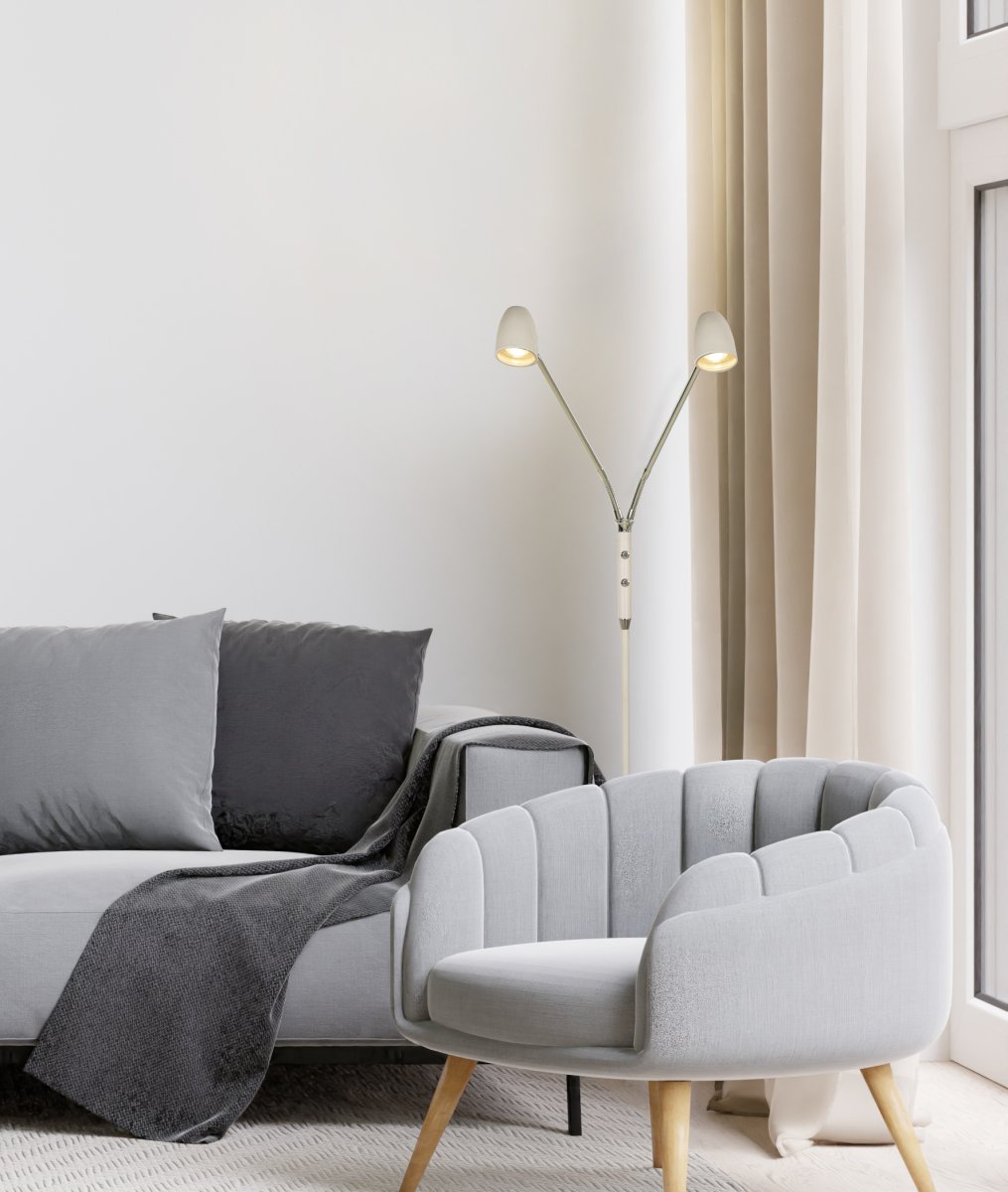 Sandnes 2 Wit vloerlamp Van Aneta Lighting - Met twee flexibele armen is deze lamp perfect als leeslamp en heeft twee aparte aan/uit-schakelaars met ingebouwde dimmer, waarmee u de helderheid naar wens kunt aanpassen.