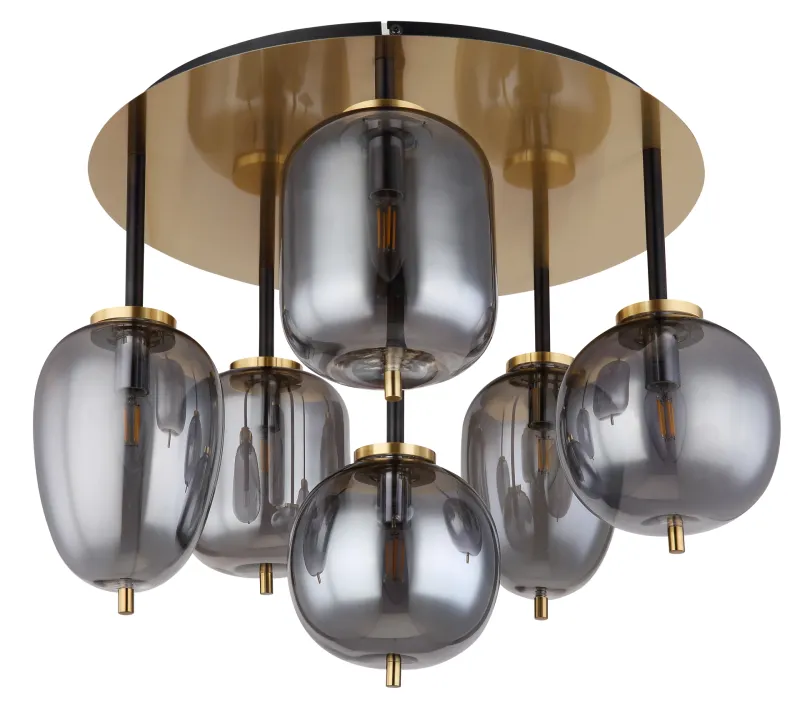 Blacky Ø63 Messing plafondlamp Van Globo Lighting - Lampan &auml;r utrustad med 6st r&ouml;kf&auml;rgade glaskupor i olika former, som h&auml;nger fr&aring;n taket p&aring; mattsvarta st&auml;nger f&auml;sta vid en m&auml;ssingsf&auml;rgad bas.