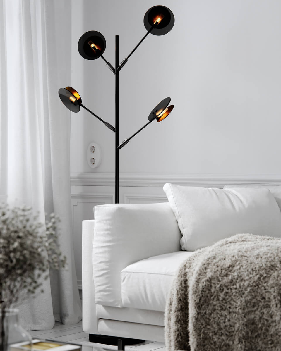 Turno Zwart vloerlamp Van By Rydéns - De Turno vloerlamp heeft geen achterkant, u kunt zelf kiezen of u de lichtbronnen, die in een buis van matglas zijn ondergebracht, centraal wilt hebben of dat u ze liever verborgen en aan de achterkant wilt hebben.