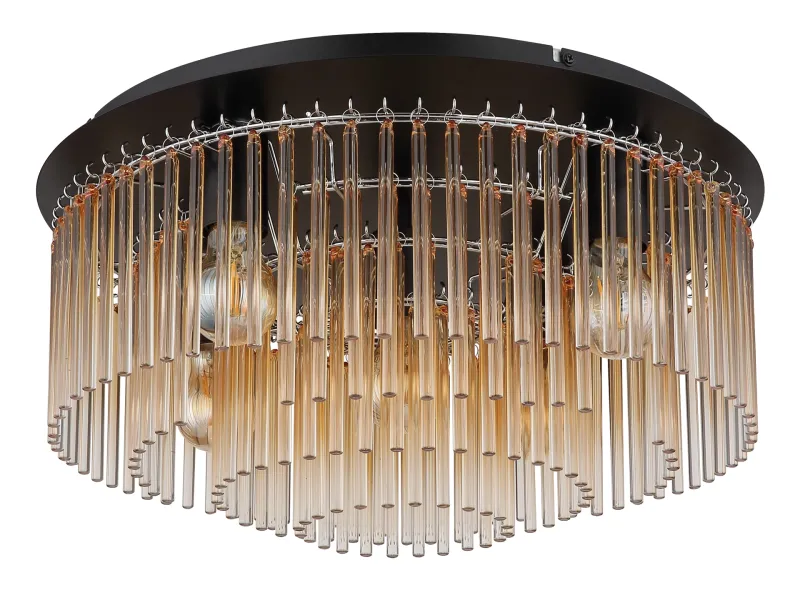 Gorley Ø50 Amber plafondlamp Van Globo Lighting - Dess design imponerar med en stilfull kombination av mattsvart metall och dekorativa stavar i klart och amberf&auml;rgat glas.