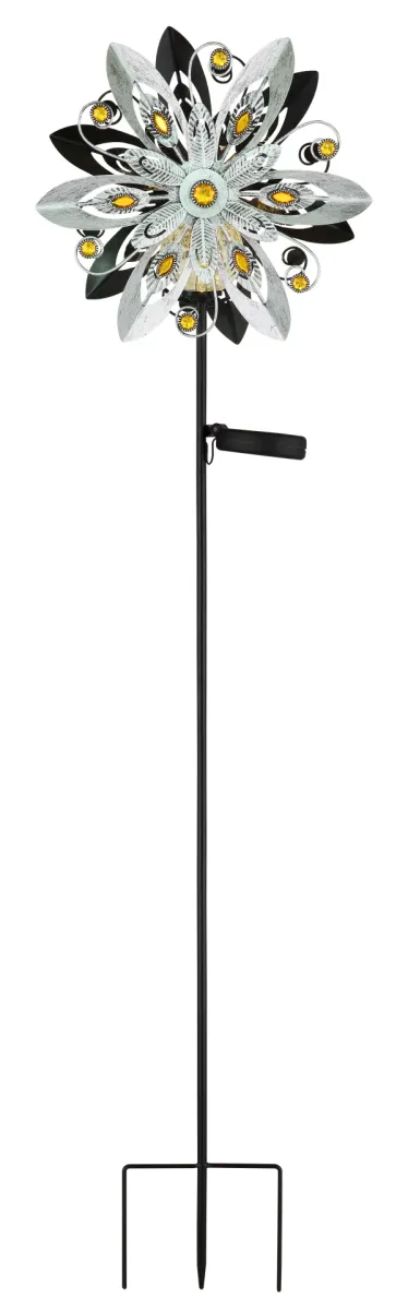 Wind Zilver solarlamp Van Globo Lighting - De dekorativa bladen roterar med vinden och skapar en vacker r&ouml;relse, medan den inbyggda solcellsbelysningen lyser upp i m&ouml;rkret f&ouml;r en magisk effekt.