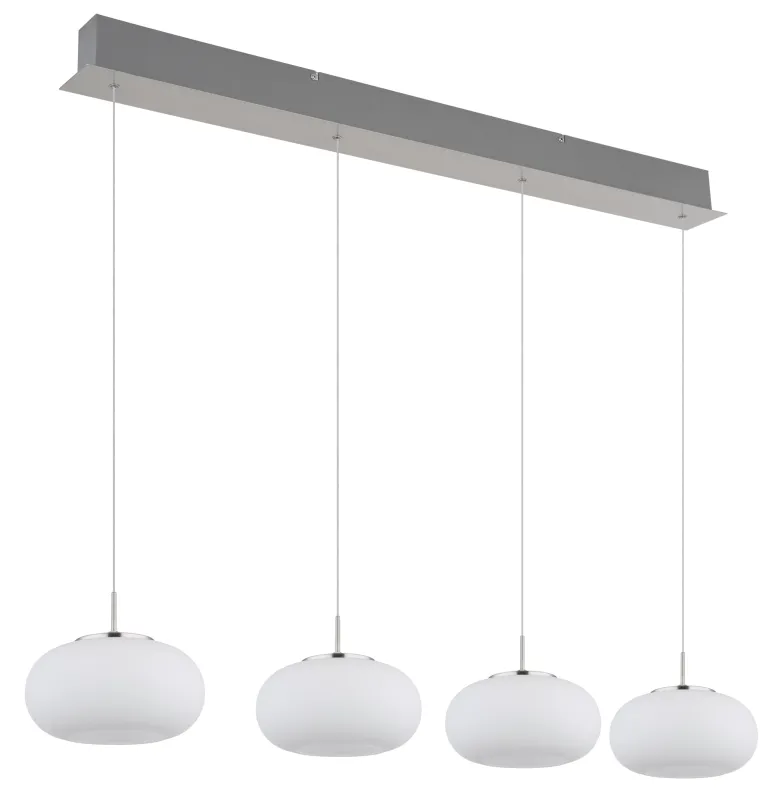 Quintara 110cm Nikkel hanglamp Van Globo Lighting - Quintara&nbsp;&auml;r en stilren och modern takpendel med en rak metallram och fyra runda, sf&auml;riska glaskupor.