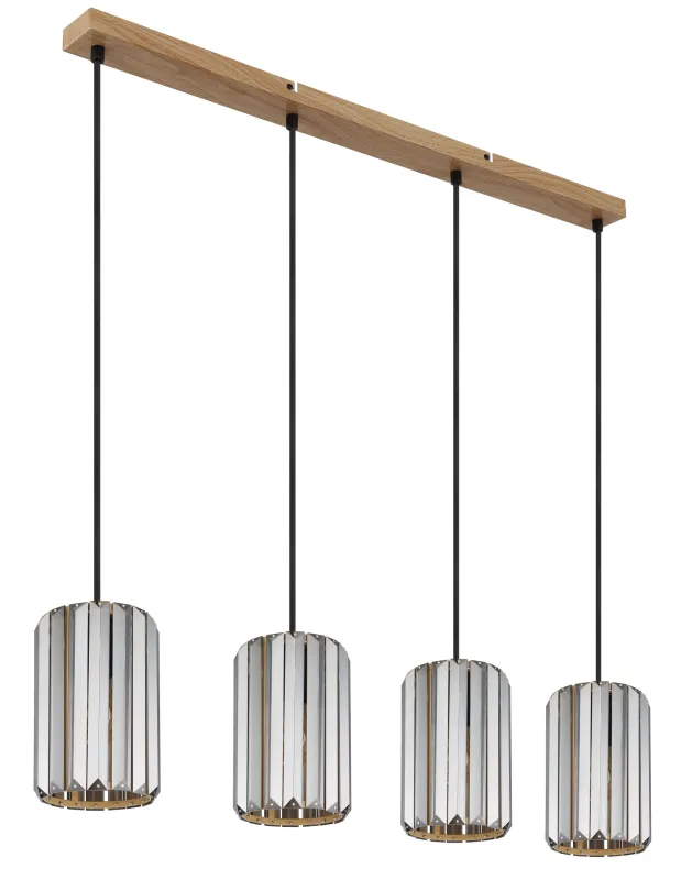 Run 88cm Rookkleurig hanglamp Van Globo Lighting - Kombinationen av metall i tr&auml;utseende och de fyra sk&auml;rmarna med r&ouml;kf&auml;rgade K5-kristaller ger en harmonisk ljusspridning och en sofistikerad k&auml;nsla.