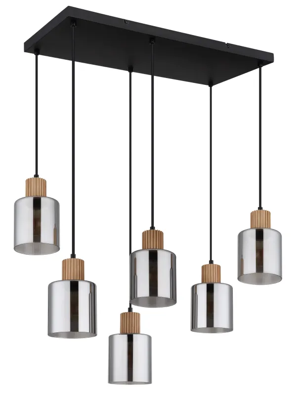 Aleidis 67cm Rookkleurig hanglamp Van Globo Lighting - Sex dekorativa glaskupor med tr&auml;detaljer h&auml;nger fr&aring;n en mattsvart metallstomme, vilket skapar en harmonisk balans mellan modern och rustik estetik.