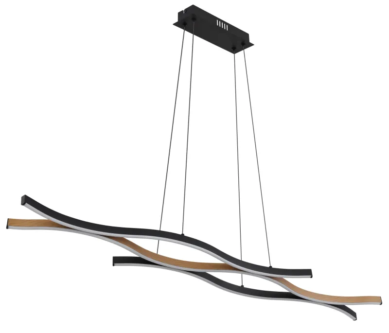 Geronimo 108cm Natuur hanglamp Van Globo Lighting - Den mattsvarta metall- och aluminiumstommen, kompletterad med tr&auml;liknande dekorationer och en opalf&auml;rgad plastsk&auml;rm, ger en stilren och harmonisk estetik.