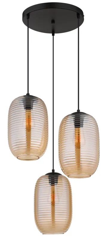Jefrey Ø47 Amber hanglamp Van Globo Lighting - Denna eleganta taklampa har en rund form och &auml;r utrustad med tre rundade glaskupor i varm b&auml;rnstensf&auml;rg.