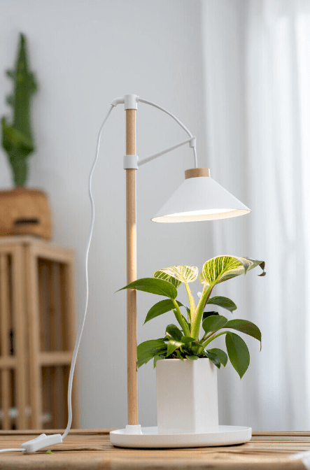 Plantlamp Lily Wit Van Airam - Het houten handvat van het armatuur is bevestigd aan een rond dienblad waarop u een bloempot kunt plaatsen om de plant van extra licht te voorzien.