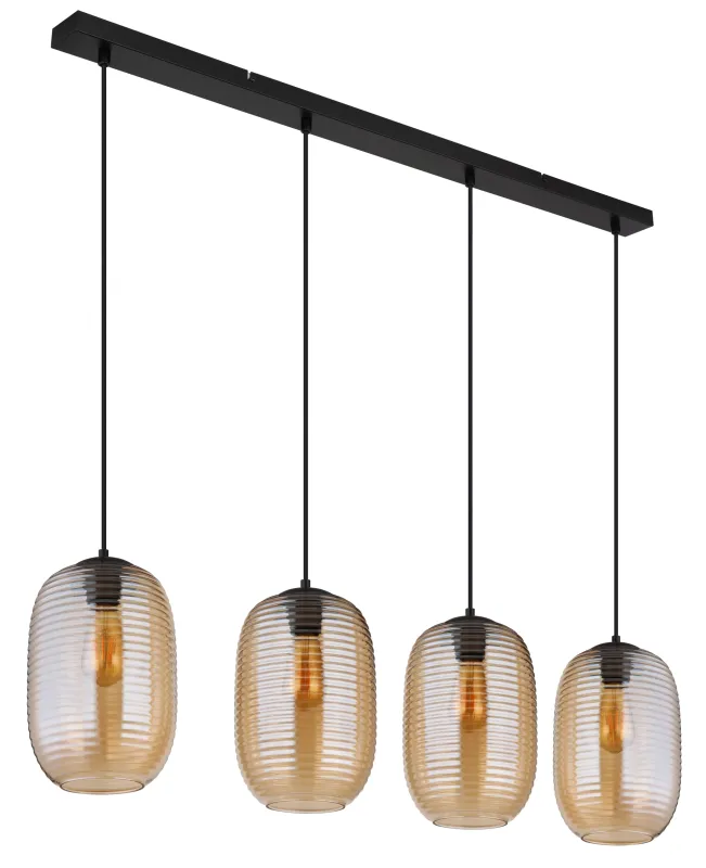 Jefrey 110cm Amber hanglamp Van Globo Lighting - Denna eleganta taklampa har en avl&aring;ng form och &auml;r utrustad med fyra rundade glaskupor i varm b&auml;rnstensf&auml;rg.
