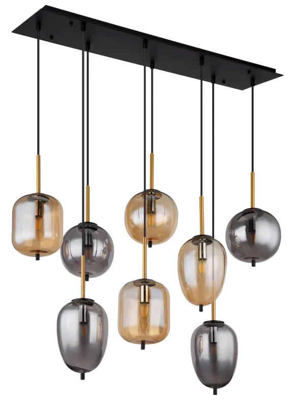 Blacky 102cm Amber hanglamp Van Globo Lighting - De &aring;tta r&ouml;k- och amberf&auml;rgade glasgloberna i olika former h&auml;nger fr&aring;n en svart, rektangul&auml;r takplatta och kan justeras upp till 120 cm fr&aring;n taket.