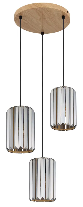 Run Ø35 Rookkleurig hanglamp Van Globo Lighting - Kombinationen av metall i tr&auml;utseende och de tre sk&auml;rmarna med r&ouml;kf&auml;rgade K5-kristaller ger en harmonisk ljusspridning och en sofistikerad k&auml;nsla.