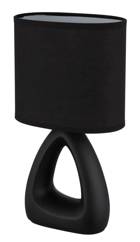 Triangle 30cm Zwart tafellamp Van Globo Lighting - Den triangelformade basen med ett stilrent utskuret h&aring;l ger ett modernt intryck, medan den ovala textilsk&auml;rmen i svart f&auml;rg sprider ett behagligt och j&auml;mnt ljus.