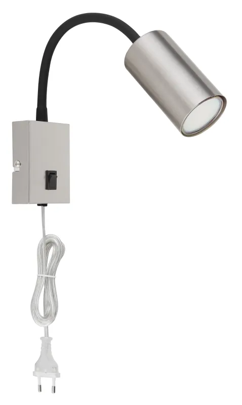 Robby Nikkel leeslamp Van Globo Lighting - Robby &auml;r en klassisk, kompakt v&auml;gglampa tillverkad i svart plast och matt nickelmetall, vilket ger en stilren och modern look.