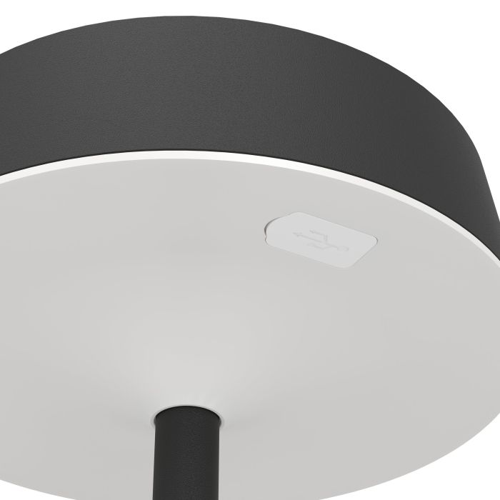 Simeri 30cm Zwart solarlamp Van Eglo - De lamp laadt u eenvoudig op via het zonnepaneel of de meegeleverde USB-kabel en beschikt over een touchdimmer met drie helderheidsniveaus, waarmee u de verlichting naar wens kunt aanpassen.