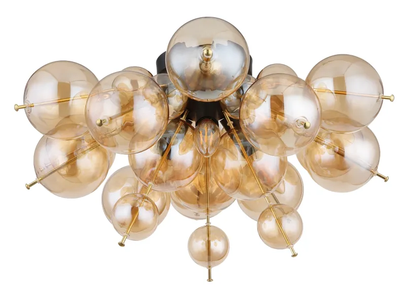 Udo Ø55 Amber plafondlamp Van Globo Lighting - Dess unika design utm&auml;rks av en rund form d&auml;r guldf&auml;rgade metallstavar elegant sammanl&auml;nkas med varmt b&auml;rnstensf&auml;rgade glasklot i olika storlekar.