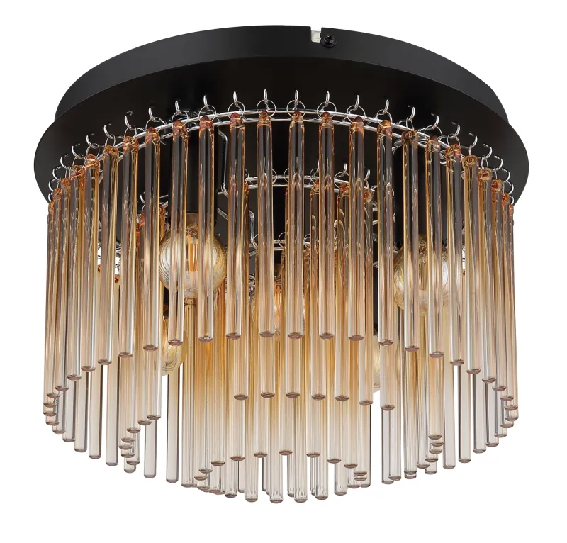 Gorley Ø32 Amber plafondlamp Van Globo Lighting - Dess design imponerar med en stilfull kombination av mattsvart metall och dekorativa stavar i klart och amberf&auml;rgat glas.