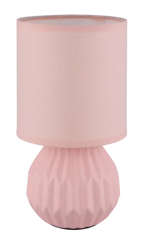 Sylas 23cm Roze tafellamp Van Globo Lighting - Den rundade keramiska basen i elegant rosa och den matchande cylindriska textilsk&auml;rmen skapar en harmonisk och modern estetik.