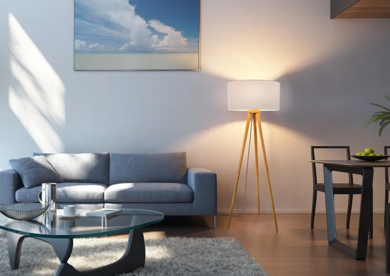 Stabilo Natuur vloerlamp Van Globo Lighting - &nbsp;Den stilrena stommen i brunt tr&auml; tillsammans med den vita textilsk&auml;rmen skapar en harmonisk och tidl&ouml;s look som sm&auml;lter in i b&aring;de klassiska och moderna interi&ouml;rer.