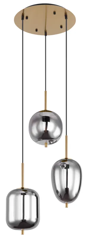 Blacky Ø46 Messing hanglamp Van Globo Lighting - Den best&aring;r av en rund m&auml;ssingsf&auml;rgad metallplatta, fr&aring;n vilken tre svarta kablar med r&ouml;kf&auml;rgade glasglober i olika former h&auml;nger.