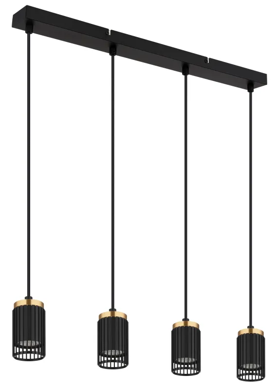 Korben 60cm Zwart hanglamp Van Globo Lighting - Med sin avl&aring;nga form och fyra cylindriska sk&auml;rmar, &ouml;ppna framtill, ger den en riktad ljusf&ouml;rdelning som skapar en inbjudande atmosf&auml;r.