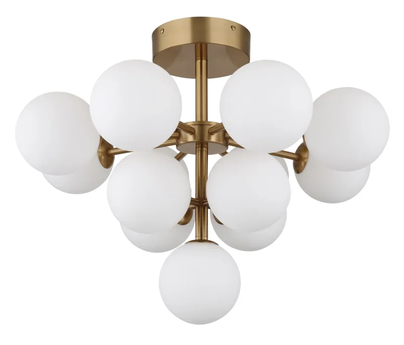 Grappy Ø56 Goud plafondlamp Van Globo Lighting - Grappy plafond i guldf&auml;rgad metall blir en stilfull och lyxig detalj i varje rum med sin glamor&ouml;sa design och de 13st opalf&auml;rgade glaskulorna.