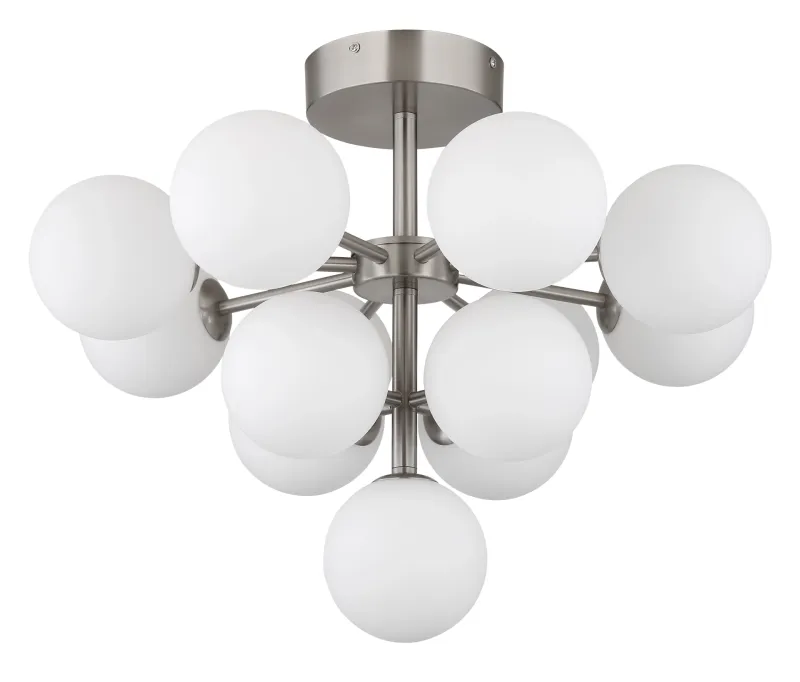 Grappy Ø56 Nikkel plafondlamp Van Globo Lighting - Grappy plafond blir en stilfull och lyxig detalj i varje rum med sin glamor&ouml;sa design och de 13st opalf&auml;rgade glaskulorna.