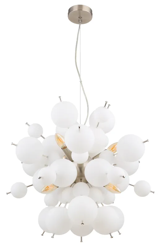 Udo Ø55 Wit hanglamp Van Globo Lighting - Dess unika design imponerar med en rund form d&auml;r eleganta metallst&auml;nger sammanl&auml;nkas med dekorativa kulor i olika storlekar.
