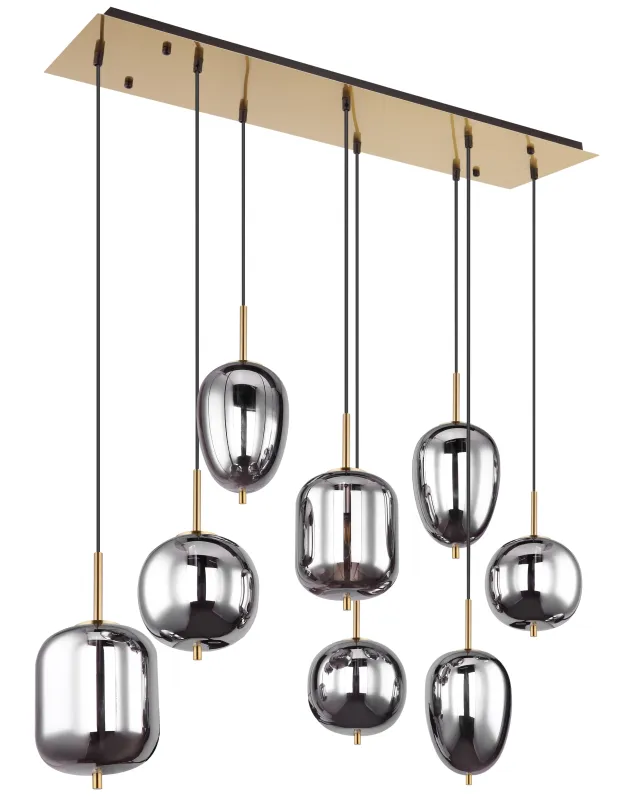 Blacky 102cm Messing hanglamp Van Globo Lighting - Den 102,5 cm l&aring;nga pendellampan har en rektangul&auml;r m&auml;ssingsf&auml;rgad metallplatta, fr&aring;n denna h&auml;nger &aring;tta svarta kablar med runda, r&ouml;kf&auml;rgade glasglober i olika former.