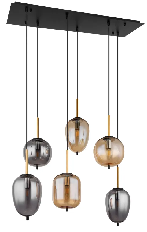 Blacky 80cm Amber hanglamp Van Globo Lighting - De sex r&ouml;k- och amberf&auml;rgade glasgloberna i olika former h&auml;nger fr&aring;n en svart, rektangul&auml;r takplatta och kan justeras upp till 120 cm fr&aring;n taket.