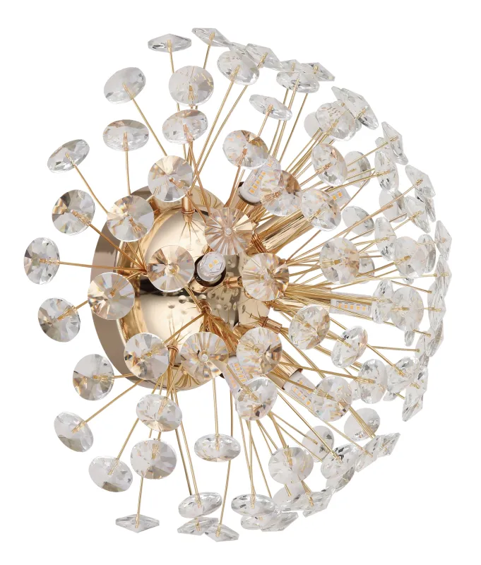 Katrina Ø40 Goud wandlamp Van Globo Lighting - Den runda stommen i guldf&auml;rgad metall och den halvsf&auml;riska sk&auml;rmen i klara K9-kristaller skapar en lyxig och inbjudande atmosf&auml;r.