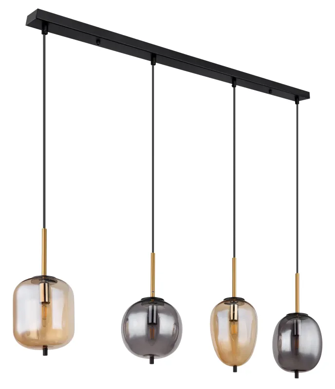 Blacky 110cm Amber hanglamp Van Globo Lighting - De fyra r&ouml;k- och amberf&auml;rgade glasgloberna i olika former h&auml;nger fr&aring;n en svart, rektangul&auml;r takplatta och kan justeras upp till 120 cm fr&aring;n taket.