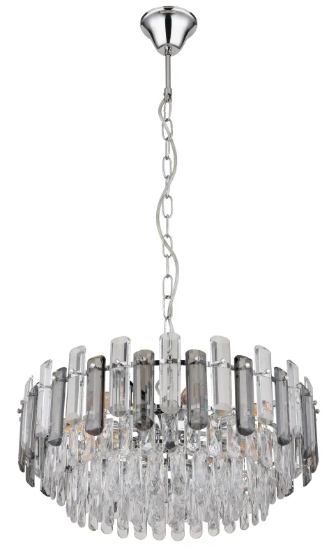 Orgina Ø60 Rookkleurig kristal Van Globo Lighting - Takkronan Orgina tillf&ouml;r rummet en lyxig k&auml;nsla med gnistrande kristaller och r&ouml;kf&auml;rgade glasstavar.